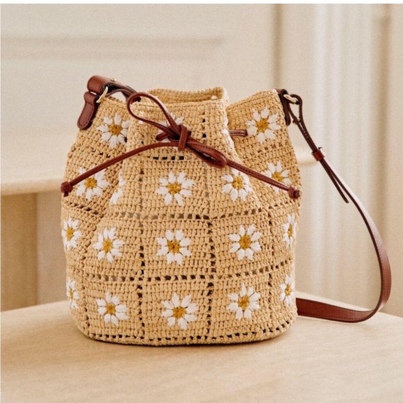Sezane Handbags - Sezane Raffia Farrow Daisy Embroidered Bag